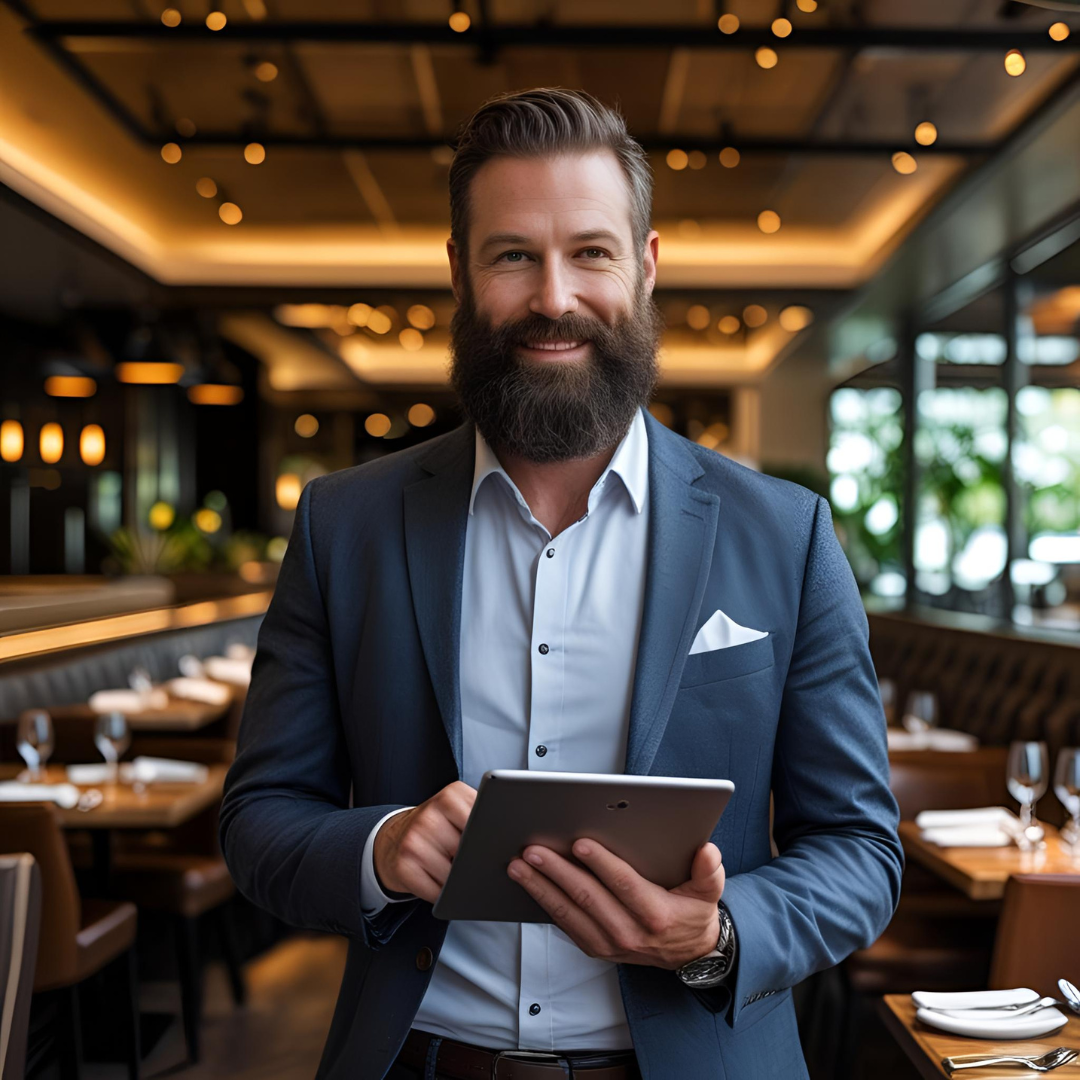 Restaurateur Mark Bearded man in business casual attire